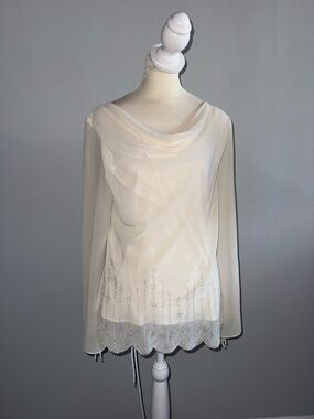 Xscape Cream Beaded Draped Cowl Necko Blouse